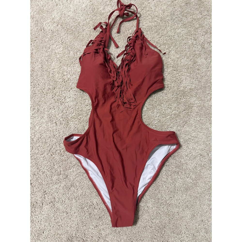 Beachsissi Rust Red Fringe Cut Out Monokini One Piece Swimsuit Size M NWT